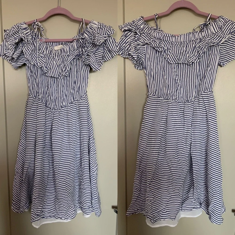 LOFT Striped Off the Shoulder Ruffle Dress